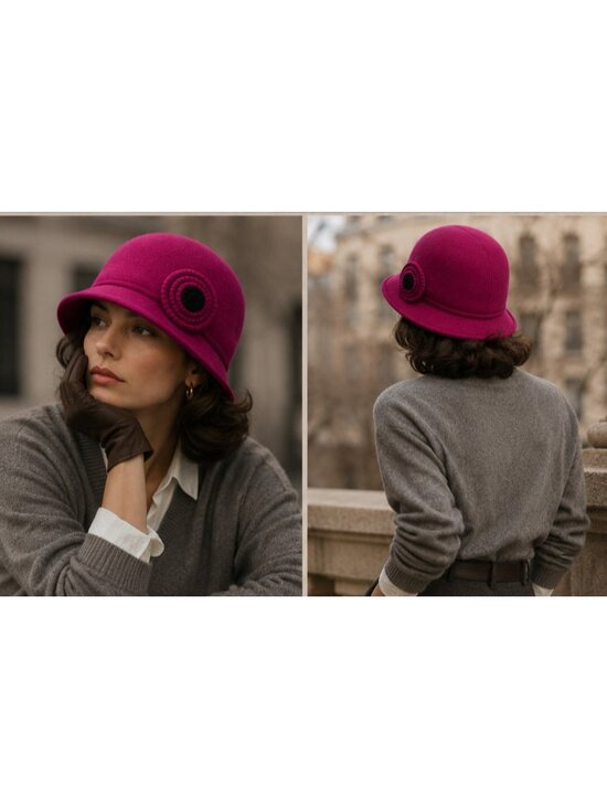 Adora Women’s Fuchsia 100% Wool Cloche Hat Flower One Size Vintage Style